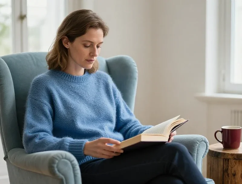Une femme lit un magazine dans un fauteuil, illustrant les d�couvertes quotidiennes du blog.